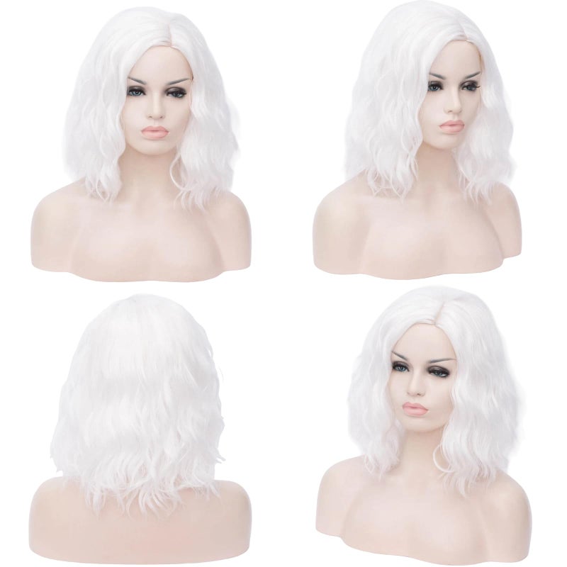 Cying Lin Short Bob Wavy Curly Wig White Wig For Women Cosplay Halloween Wigs Heat Resistant Bob Party Wig Include Wig Cap (White) - Image 3
